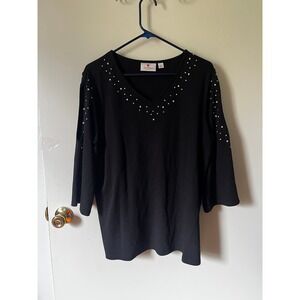 Quacker Factory Black Pearl Rhinestone Cold Shoulder V-Neck Top Large